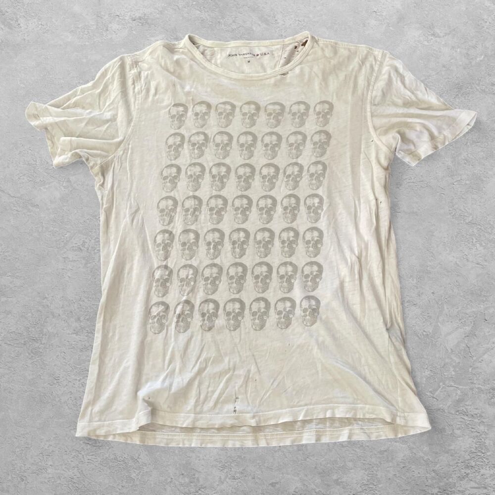 John Varvatos USA Skull Graphic Tee M White Distressed Grunge Rocker Goth